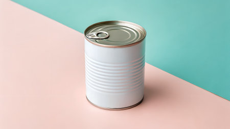 Minimalistic white tin can with pull tab placed on pastel pink and teal background, highlighting contemporary design and versatility for various uses in marketingの写真素材
