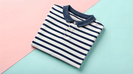 Striped polo shirt in navy and white colors, neatly folded on a pastel background, highlighting...