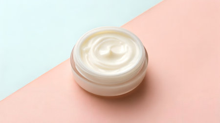 Moisturizing cream in a transparent jar on a soft pastel backdrop, highlighting the rich texture and elegance of skincare essentials for beauty loversの写真素材