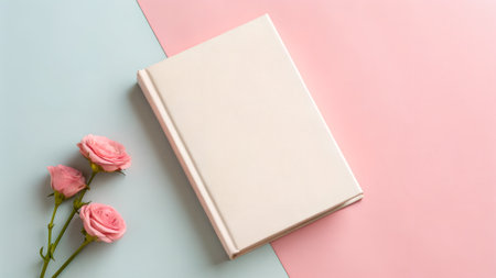 Blank book rests on soft pastel background, with pink roses nearby, inviting creativity and inspiration in a calm and aesthetically pleasing settingの写真素材