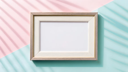 Mock up of an empty picture frame on pastel pink and blue background, creating a modern aesthetic with soft shadows, perfect for displaying creative designsの写真素材