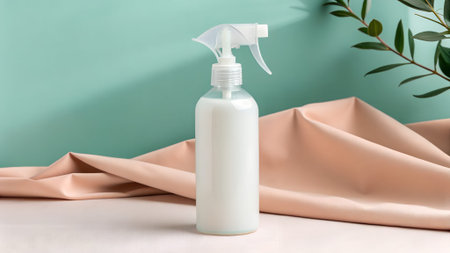 Minimalist white spray bottle with clear nozzle sits on soft pink fabric, against a pastel green...