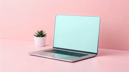 Mock up of a laptop with an empty screen on a soft pink surface, paired with a small green plant, ideal for showcasing digital content or design projectsの写真素材