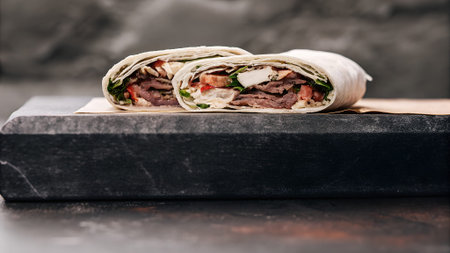 Tasty wrap featuring layers of beef, greens, and sauce, elegantly displayed on a dark stone surface,...