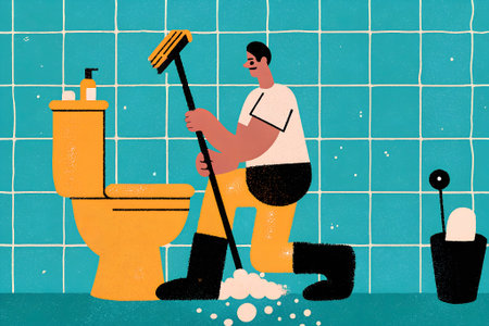 Male cleaner is on knees scrubbing toilet with brush, surrounded by cleaning supplies, emphasizing cleanliness and hygiene in a bright bathroom environmentの写真素材