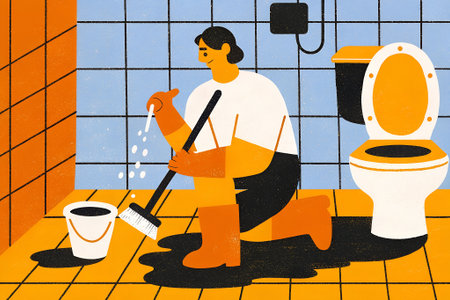 Male cleaner is kneeling on tiled floor, scrubbing bathroom with brush and bucket, emphasizing cleanliness and maintenance in a domestic environmentの写真素材