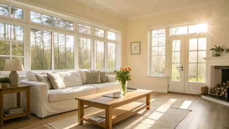 Spacious living room showcases a white sofa, wooden coffee table, and large windows, allowing...