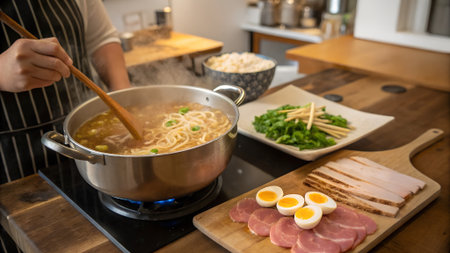 Chef prepares delicious broth with noodles, stirring in a pot while fresh ingredients like greens and meats are arranged on a wooden countertopの写真素材