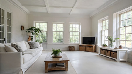 Spacious living room showcases a white sofa, wooden coffee table, and large windows, allowing...