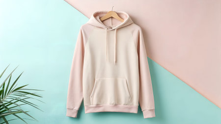 Hoodie on a hanger against a pastel backdrop, featuring a contemporary design with soft hues, ideal...
