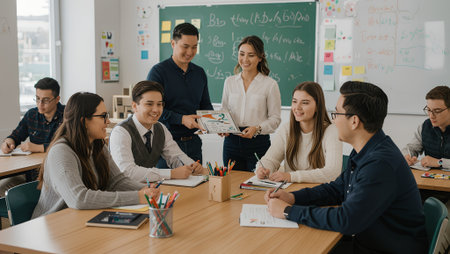 Diverse group of students collaborating on projects at a classroom table, surrounded by educational materials and a chalkboard, emphasizing teamwork and engagementの写真素材