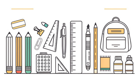 A vibrant collection of stationery items such as pencils, a ruler, and a backpack, arranged on a...