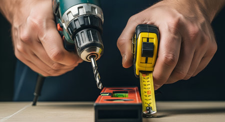 Tradesman operates power drill while measuring with tape on wooden surface, highlighting attention to detail and professional skills in a workshop settingの写真素材