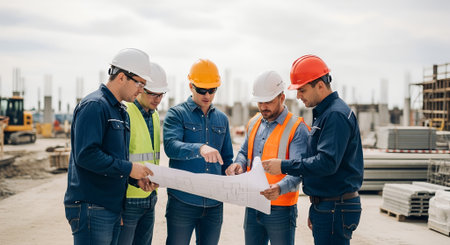 Construction team, dressed in safety gear, is analyzing blueprints at a building site, with machinery and materials in the background, emphasizing collaboration and project managementの写真素材
