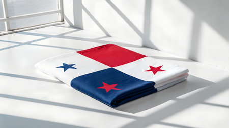 Vibrant folded fabric displays a flag design with red, white, and blue colors, featuring stars and...