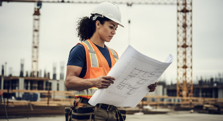 Female construction worker is examining architectural plans on a job site, with cranes and...