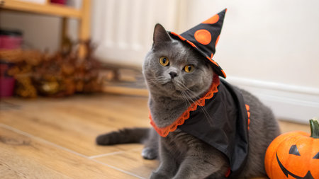 Cat dressed in Halloween witch costume with a pointed hat, sitting on wooden floor next to a...
