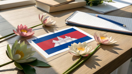 Cambodian flag is beautifully arranged on a wooden surface with pink lotus flowers, a notepad, and a pencil, evoking a peaceful and artistic environmentの写真素材