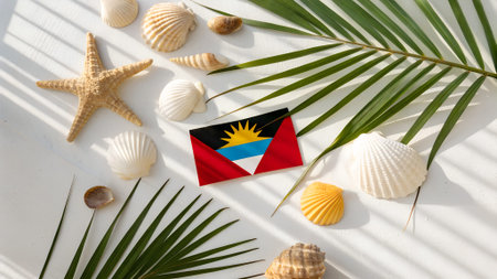 Flat lay composition of seashells, starfish, and palm leaves surrounding a colorful flag, evoking a...