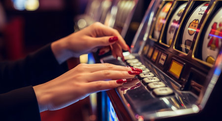 Hands of a woman with red nails are engaged with a classic slot machine in a lively casino, illuminated by bright lights and the thrill of gamingの写真素材