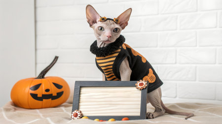 Sphynx cat in a fashionable sweater poses next to a carved pumpkin, with a blank frame for customization, creating a playful autumn atmosphereの写真素材