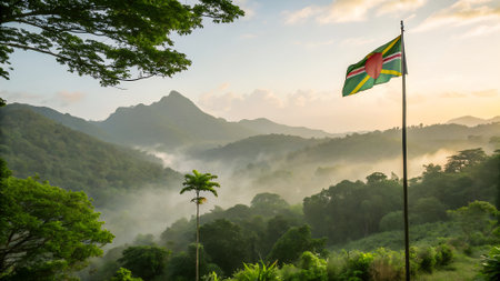 Scenic view of a verdant landscape with mist-covered mountains, creating a serene atmosphere and showing natural beautyの写真素材