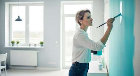 Female painter is applying turquoise paint to a wall in a well-lit room, demonstrating artistic expression and home renovation in a modern environmentの写真素材