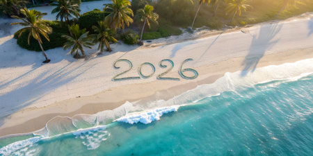 Scenic beach landscape with palm trees and clear turquoise water, showcasing the year 2026 formed with stones on the sand, perfect for vacation inspirationの写真素材