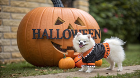 Fluffy dog in Halloween costume poses next to a carved pumpkin with Halloween text, surrounded by smaller pumpkins, creating a cheerful autumn atmosphereの写真素材