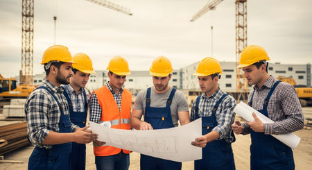 Construction team in yellow helmets is examining blueprints at a busy site, with cranes and...