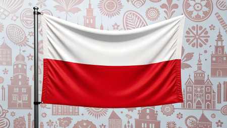 Polish flag showcased against a vibrant decorative backdrop, highlighting cultural motifs and architectural designs, representing national identity and heritageの写真素材