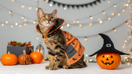 Bengal cat in Halloween costume poses among pumpkins and decorations, showcasing a playful spirit and festive ambiance for seasonal celebrationsの写真素材