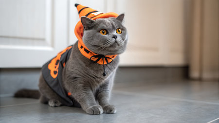 Cat dressed in Halloween costume with witch hat, sitting on tiled floor in a warm indoor environment, highlighting festive pet fashion and charmの写真素材