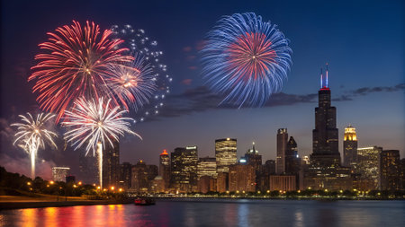Vibrant fireworks display over urban skyline at night, with reflections on water, showcasing a festive atmosphere perfect for celebrations and eventsの写真素材