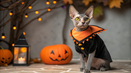 Cat in Halloween costume sits next to carved pumpkins and lanterns, enhancing the festive ambiance of the autumn season with playful and whimsical elementsの写真素材