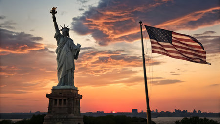 Statue of Liberty illuminated by sunset, with American flag in the foreground, creating a powerful image of freedom and national pride in a serene atmosphereの写真素材
