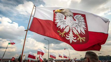 Polish flag is prominently displayed, fluttering in the breeze at a public event, with a crowd of enthusiastic supporters waving flags, creating a vibrant atmosphereの写真素材