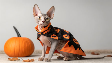 Cat in Halloween costume poses beside a pumpkin and autumn leaves, creating a festive atmosphere with warm colors and playful vibesの写真素材