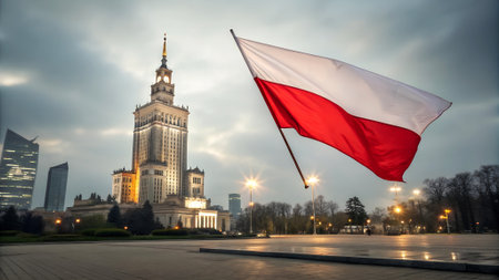 Iconic structure stands tall with a waving flag in the foreground, creating a striking visual contrast against the moody sky, representing cultural significance and prideの写真素材