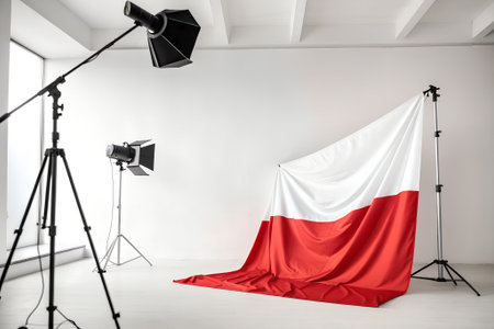Professional photography studio setup showcases a vibrant red and white backdrop, complemented by lighting equipment and tripods, creating an ideal shooting atmosphereの写真素材