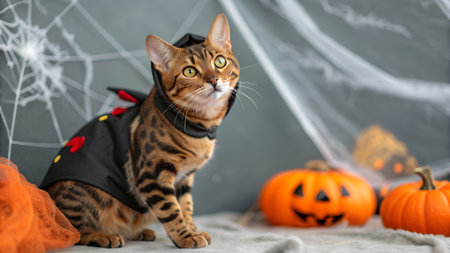 Bengal cat in a black costume with red details, posed among Halloween decorations like pumpkins and spider webs, showcasing a playful seasonal spiritの写真素材