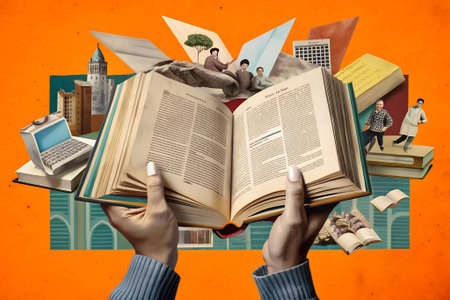 Open book held by hands, with illustrations of people, buildings, and emerging nature, symbolizing creativity and the power of storytelling in a vivid settingの写真素材