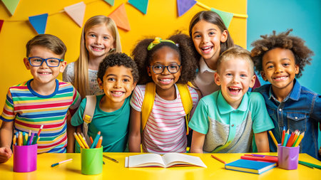 Diverse group of children gathered around a bright table filled with art supplies, smiling and enjoying their time together, celebrating creativity and friendshipの写真素材