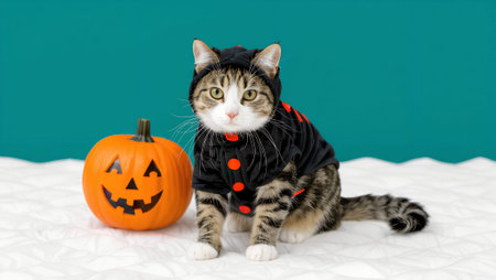 Feline in a stylish Halloween outfit poses next to a cheerful pumpkin, creating a fun and festive...