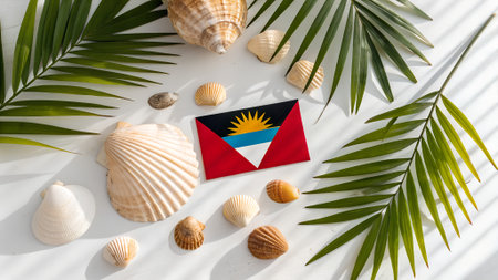 Flag of Antigua and Barbuda placed among seashells and palm leaves on a bright surface, showing a vibrant beach-themed arrangement with natural texturesの写真素材