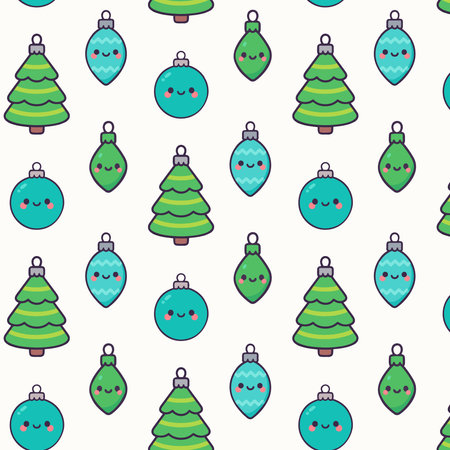 Cute vector illustration featuring a playful pattern of Christmas trees and ornaments in vibrant...