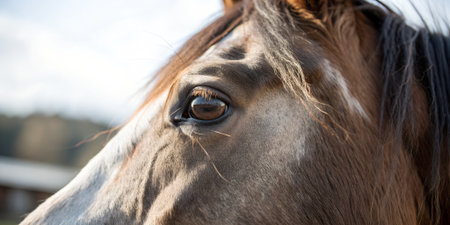 Detailed close-up of a horse's eye, highlighting the textures of the fur and eyelashes, with a blurred background that emphasizes the animal's elegance and graceの写真素材