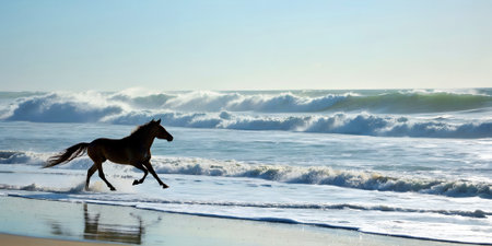 A horse runs gracefully along the beach, splashing water as waves crash nearby, surrounded by a serene coastal landscape, embodying the spirit of adventure and natureの写真素材