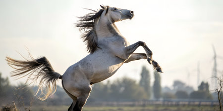 White horse is rearing on hind legs in a sunlit field, surrounded by trees and wind turbines,...