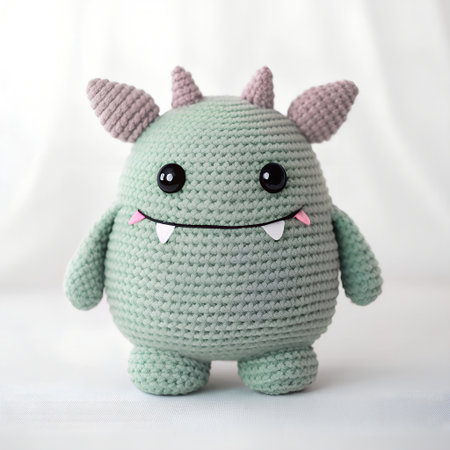 Adorable green crochet monster plush toy features pink accents and spiky ears, designed for children's playtime and as a charming decorative item in any spaceの写真素材